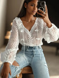 PICSGIRL  -  Fashion V-neck Jacquard Shirt Blouse Women Tops New Korean Summer Long Sleeve Fashion See-through Sexy Shirts Female Tops