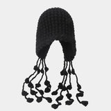 PICSGIRL  -  Winter Handmade Beanies for Women Fashion Tassel Thickened Warm Knitted Pullover Hat Outdoor Ear Protection Strap Woolen Bonnets