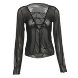 PICSGIRL  -  Sexy Lace Up V Neck Long Sleeve Black T Shirts for Women Female Club Wear Mesh Blouses See Through Crop Tops