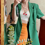 PICSGIRL  -  Retro Spring and Summer New Short-sleeved Green Suit Jacket Women's Thin Temperament Fashion Casual Small Suit Jacket