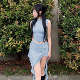 PICSGIRL  -  Instagram Summer 2024 New Open Navel Top Fashion Style Sparkling Material Sleeveless Ruffle Edge Half Skirt Set