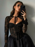 PICSGIRL  -  Sexy Lace Bandage Mini Dress Women's Fashion See Through A-line Dress Fishbone Splice Long Sleeve Black Gown Dresses Lady