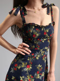 PICSGIRL  -  Floral Print Suspenders Dress Women Fashionable Elegant Wooden Ear Edge A-line Skirt Summer Sleeveless Leisure Dress