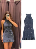 PICSGIRL  -  Elegant Bead Mini Dresses for Women Faux Fur Hanging Collar Sleeveless Slim Female Short Dress 2024 Autumn New Party Robes