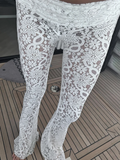 PICSGIRL  -  Sheer Hollow Lace Fold Over Flare Pants Solid Color Sexy See Through Skinny Trousers High Waist Casual Pants For Female