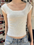 PICSGIRL  -  Lace Trim Crop Top Women Summer Clothes 2024 Cotton Wide Scoop Neck Short Sleeve T-Shirts Girl 2000s Y2K Tees Tops Streetwear