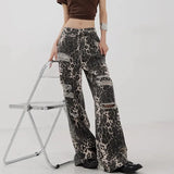 PICSGIRL  -  2024 New Colorblock  Leopard Hollow Out Denim Pants Women High Waist Spliced Pocket Wide Leg Jeans Female Leisure Fashion Y2k