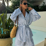 PICSGIRL  -  Blue Striped Shorts 2 Piece Set Women Single Breasted Lace-up Long Sleeve Blouse+Short Pants Casual Fashion Loose Suits 2025 New