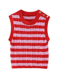 PICSGIRL  -  Summer Casual Striped Print Sleeveless Knitted Elastic Tops Womens O-Neck 2024 Casual Red Slim Pullover Vest