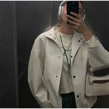 PICSGIRL  -  Street Women's White Leather Jacket Casual Stand Collar Single Breasted Long Sleeve Female Coat Autumn Lady Elegant Outwear