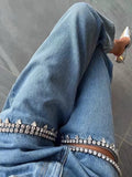 PICSGIRL  -  Fashion Trendy rhinestone fabric Blue Distressed Relaxation of Tall Waist Wide Legged Pants Spring 2024 Hollow Out Jeans Women