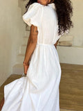 PICSGIRL  -  Summer White Elegant Holiday Long Dresses Women 2024 New V Neck Lace-up Puff Sleeve Maxi Dress Casual Fashion A-line Vestidos