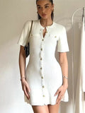 PICSGIRL  -  Knitted Single Breasted Mini Dress 2024 Summer Fake Pocket O-neck Short Sleeve A-line White Dresses Chic Office Lady Streetwear