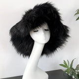 PICSGIRL  -  Luxury Fluffy Women Faux Fur Bucket Hats Oversized 17cm Wide Brim Thicken Outdoor Warm Plush Punk Hat Girl Y2k Female Ski Panama