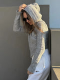 Picsgirl Elegant Solid Irregular Hooded Knit Sweater Women Chic V Neck Long Sleeve Pullover Tops 2024 Spring Lady Casual High Streetwear