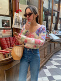 PICSGIRL -  Elegant Rainbow Color Flower Print Knit Pullover For Women Fashion V-neck Long Sleeves Button Tops 2024 Female High Streetwear