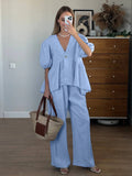 PICSGIRL  -  Cotton Loose Female Pajama 2 Piece Suit Short Sleeve Nightgown Sexy V-Neck Sleepwear Pants Casual Women Nightwear Set