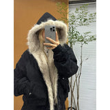 PICSGIRL  -  American Retro Fur Collar Hooded Jacket Women Y2K Streetwear Winter New Velvet Thickened Warm Harajuku Loose Casual Jacket