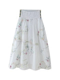 PICSGIRL  -  Women Holiday Style Fashion Flower Embroidery Print White Long Skirt Girl Elegant Elastic Striped Print Waist A-Line Loose Skirt