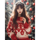 PICSGIRL  -  Women Autumn Winter Fashion Loose Red O-neck Long Sleeve Christmas Knitwear Women Clothes Trend All-match Sweet Knitting Tops