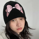 PICSGIRL  -  Autumn Winter Bow Embroidery Knitted Hats Women Girls Fashion Pink Bow Warm Adult Beanie Hat Korean Skullies Caps Female Bonnet