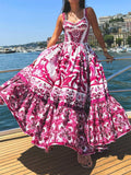 PICSGIRL -  Women Floral Print Spaghetti Strap A-line Dress Elegant Sleeveless High Waist Puff Hem Maxi Vestidos Female Vacation Robes