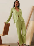 PICSGIRL  -  Casual Ladies Office 2 Piece Sets Summer Women Outfit Long Sleeve Shirt And Loose Pants Green Pleated Suit Female