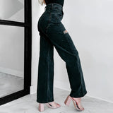 PICSGIRL  -  Fashion Sparkle Bead Straight Jeans Simple Elegant Hollow Wide Leg Loose Denim Pants Women High Waist Office Trousers