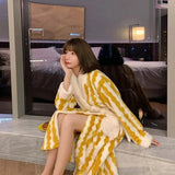 PICSGIRL  -  Women Print Mid-calf Robes Design Winter Warm Thick Korean Style Homewear Lounge Casual Popular Feminino Fashion Loose Bathrobe