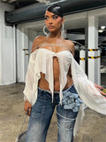 PICSGIRL  -  Summer White Sexy See Through Chiffon Tops Concert Party For Woman 2024 Long Sleeve Off Shoulder Irregular Chic Crop Top