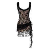 PICSGIRL  -  Hot Summer New Arrival Lace V-Neck Spaghetti Strap Jumpsuit with Double Layer Ruffle Hem Mini Skirt Short Set