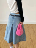 PICSGIRL  -  Y2k Streetwear Denim Pleated Skirt Women Vintage Low Waist A-line Distressed Knee-lenght Jeans Skirt Japanese Fashion