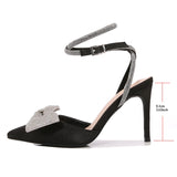 PICSGIRL  -  Bow Rhinestone High Heeled Sandals Sexy Silk Pointed Fashion Pumps Black Women's Shoes Bridal Elegant Brand Party Dress Shoes