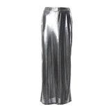 PICSGIRL  -  Y2K Lady Metallic Silver PU Leather Long Skirts Low Elastic Waist Maxi Skirts Summer Party Women Sexy Metallic Color Slim Skirts