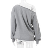 PICSGIRL  -  Letter Print Long Sleeve Skew Collar Loose Casual Irregular T-Shirt Fashion Vintage Tops Autumn Streetwear Sweatshirt