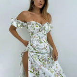 PICSGIRL  -  Floral Tube Top Dress French High Waist Split Slim Temperament One-shoulder Dress