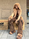 PICSGIRL  -  Western Punk Studded Women Flare Jeans Retro Brown Raw Edge Ruffle HemHigh Riuse Bootcut Pants Bell Bottoms Streetwear