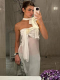 PICSGIRL  -  One-shoulder Scarf Bow See-through Irregular Strap Dress For Women Sexy Mesh Summer New White Split Evening Party Dress