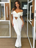 PICSGIRL -  Hollow Out V-Neck Drawstring Maxi Dress Female Bandage Patchwork High Waist Lace-Up Party Dress Ladies White Party Dress