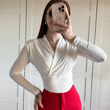 PICSGIRL  -  Cross-Neck Slim Long Sleeve Crop Top For Women Elegant Ruched Solid T shirt Autumn Fashion Versatile Female Pullovers