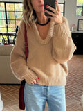 PICSGIRL  -  Women Sweater Casual Solid Loose Lantern Sleeve Knit Tops Fashion V-neck Black Pullover Sweater 2024 New Autumn Female Knitwear