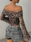 PICSGIRL  -  Leopard Printed Mesh T-shirt Top For Women Off-Shoulder Long Sleeve Cropped Y2k Top Pullover Contrast Female Slim Tee 2024