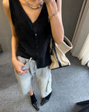 PICSGIRL  -  Casual Women Thin Cotton Summer Vest 2024 New V-neck Pocket Single Breasted Office Lady Tank Beige Black Fashion Sleeveless Top