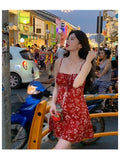 PICSGIRL  -  Dress Holiday Summer Women's 2024 Elegant Vintage Phuket Girl Red Floral Sling Vacation Hot Girl Style Short Female Y2k Dresses