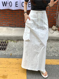 PICSGIRL  -  2024 New Fashion Straight Slit Casual Sold Color Women Summer Long Skirt Button Drawstring Sportwear Streetwear Cargo Skirts