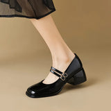 PICSGIRL  -  Large Size 34-43 Mary Jane Shoes Women Block Heel Patent Leather Black Shoes