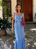 PICSGIRL  -  Blue Hollow Out Embroidered Midi Dress Women Summer New V Neck Sleeveless Ruffle Long Dresses Elegant Fashion Holiday Vestidos