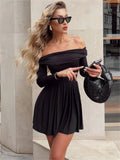 PICSGIRL  -  Fashion Elegant Leopard Mini Dress Female Backless Slim Contrast Pleated Sexy Party Dress Off-Shoulder Commute Dress 2024