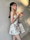 PICSGIRL  -  Sweet 2Piece Set Women Flower Print Single-Breasted Metal Buckle Wrap Mini Top+Patchwork Lace Folds Skirt Matching Suits