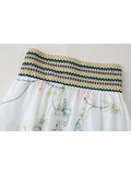 PICSGIRL  -  Women Holiday Style Fashion Flower Embroidery Print White Long Skirt Girl Elegant Elastic Striped Print Waist A-Line Loose Skirt